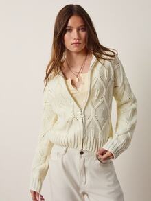Willow Rêve Áo cardigan len dệt kim dáng rộng cổ cổ điển họa tiết jacquard kéo khóa màu kem cho nữ - Kem - Xem 6