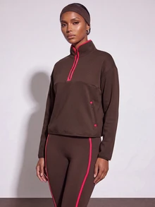 Zivah Women's Zip-Up Half-Placket Long Sleeve Sweatshirt And Leggings Sports Set - Coffee Brown - View 7