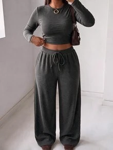 Muchica Plus Size Round Neck Long Sleeve Minimalist T-Shirt And Drawstring Waist Long Pants 2 Pieces Set Fall - Dark Grey - View 5