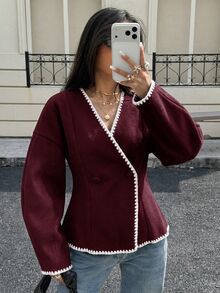 Siren Gaze 2025女款秋冬大衣 素色雙排扣夾克 對比色領口刺繡修身西裝外套 優雅通勤下午茶風 酒紅/波爾多紅 - 酒紅色 - 查看 3