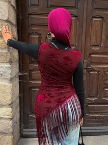 Solavon New Design Cowl Neck Fringe Patchwork Flocked Top - Burgundy - View 2