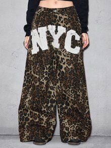 ROMWE 春夏 Y2K 街頭風 NYC 側邊印花 破洞水洗 超低腰 寬鬆直筒迷彩牛仔褲 - 棕色 - 查看 1