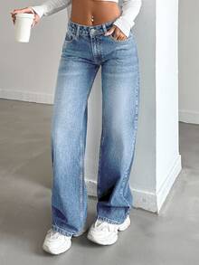 SHEIN Women Casual Medium Washed Wide Leg Casual Plus Size Jeans - Medium Wash - View 7