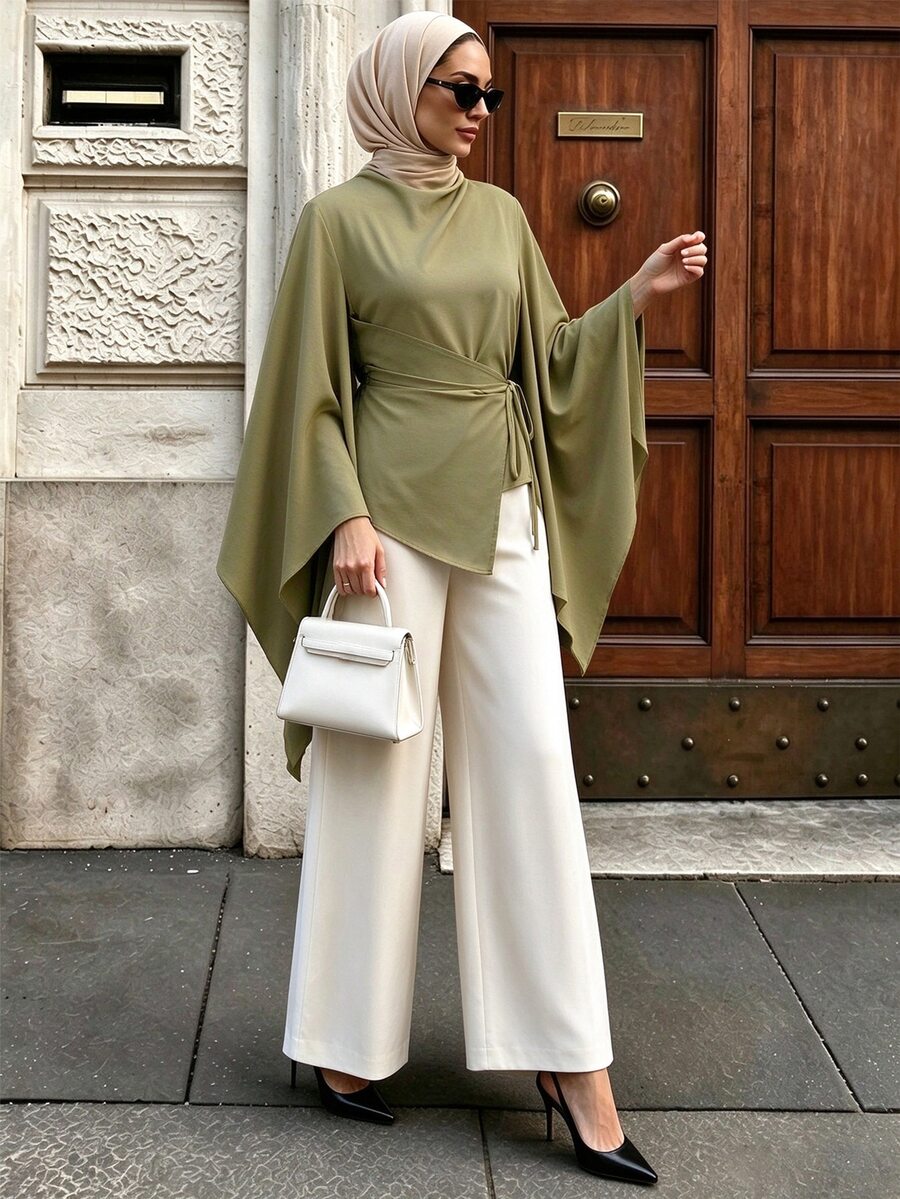Elenzga Avocado Green Draped Fabric Semi-High Neck Ruched Design Asymmetrical Diagonal Hem Wrap Tie Waist Flared Bell Sleeve Elegant Blouse For Daily Wear And Dating In Early Autumn - Green - View 1