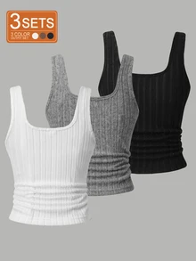 SHEIN 3pcs Set Women's Teen Minimalist Solid Color Fitted All-Match Ribbed Thermal Lined Knit Tank Tops, Square Neck Versatile Outerwear Camisole Undershirt Tops - Multicolor - View 3