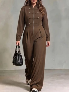 Linhara CURVE Plus Size Woven Elegant Autumn One-Piece Pants - Coffee Brown - View 1