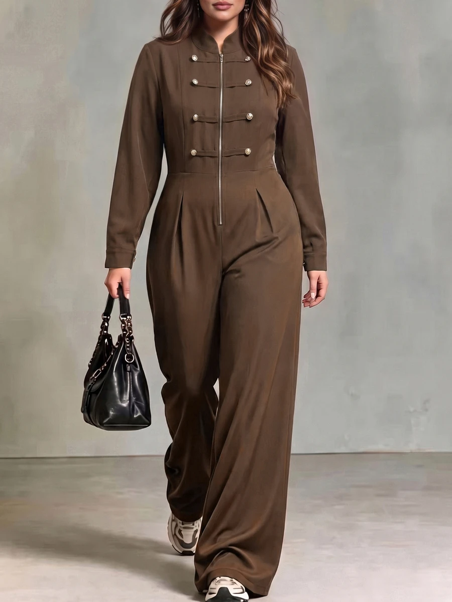 Linhara CURVE Plus Size Woven Elegant Autumn One-Piece Pants - Coffee Brown - View 1