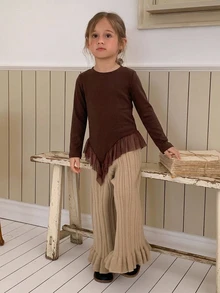 Hapijoa Young Girl Round Neck Long Sleeve Patchwork Ruffle Hem Casual T-Shirt - Brown - View 4