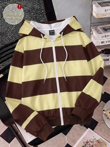 SHEIN EZwear 女款全印花運動衫，棕色與黃色條紋，現代都市時尚商務休閒辦公穿搭，低調老錢風，精緻通勤機場造型，學院風返校校園社團休閒青年風格 - 彩色 - 查看 6