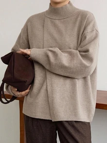 Dazy Plus Loose Business Casual Asymmetric Diagonal Placket Knit Pullover Half-High Neck Solid Color Minimalist Basic Sweater - Khaki - View 1
