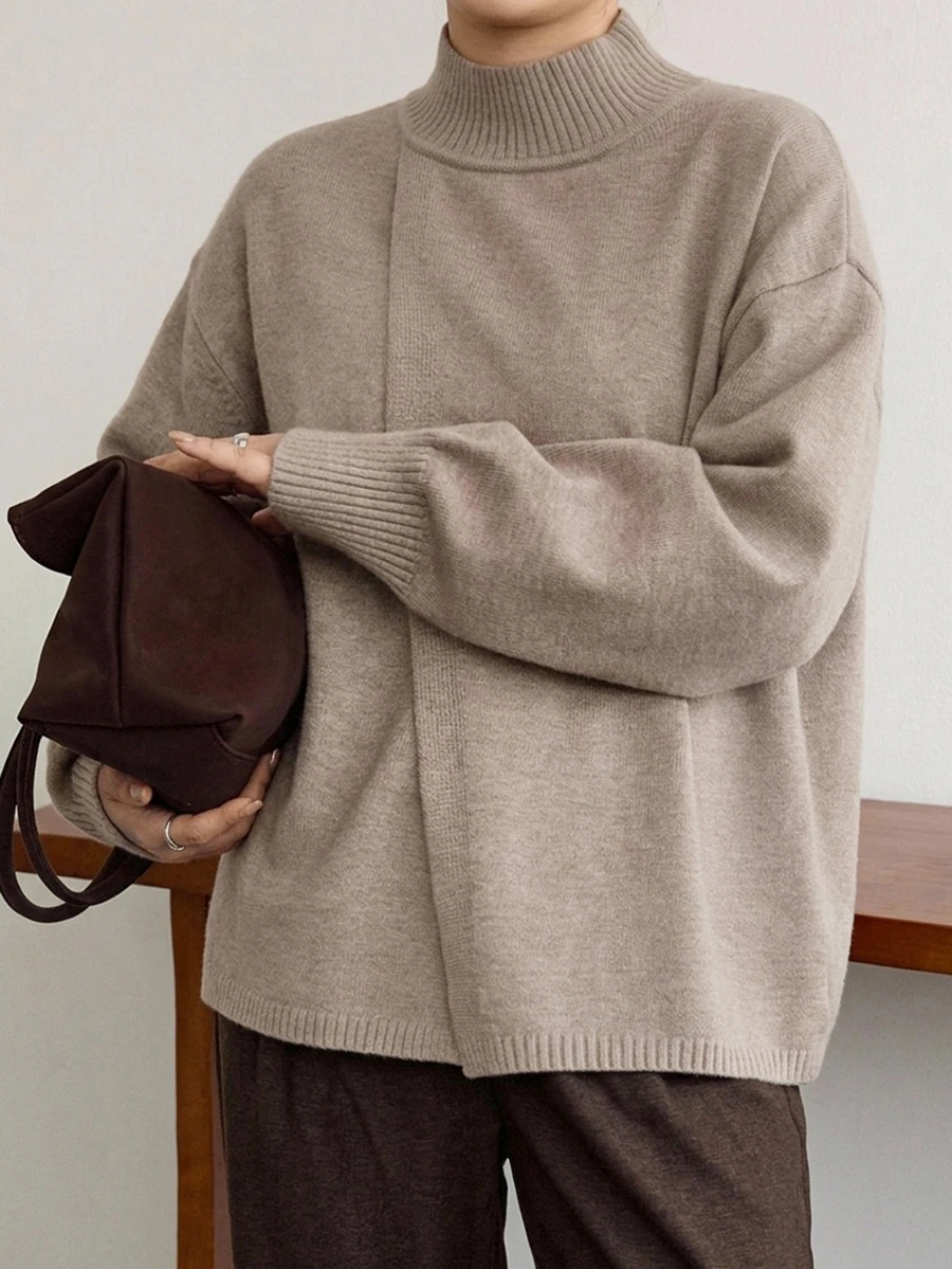 Dazy Plus Loose Business Casual Asymmetric Diagonal Placket Knit Pullover Half-High Neck Solid Color Minimalist Basic Sweater - Khaki - View 1