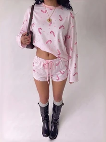 Aloruh 女款秋冬聖誕糖果圖案圓領長袖上衣與抽繩腰短褲兩件套，聖誕睡衣套裝，聖誕派對穿搭 - 粉色 - 查看 5