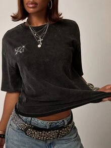 SHEIN BAE Áo thun nữ tay ngắn cổ tròn họa tiết bướm đính đá phong cách thường ngày - màu đen - Xem 6