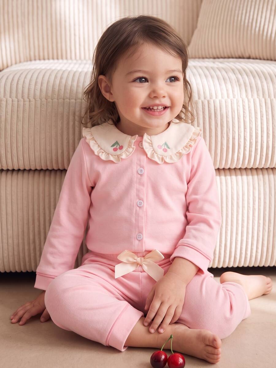 SHEIN Autumn/Winter 2 Pieces Set Baby Girl Loungewear, Sweet Cute Pink Series, Peter Pan Collar Cardigan Top With White Ruffle Trim And 3D Cherry Embroidery - Pink - View 1