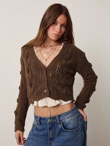 Willow Rêve Women's Brown Jacquard Single-Breasted Casual Knit Cardigan - Brown - View 4