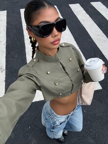 Muchica Women's Cropped Double-Breasted Long Sleeve Denim Jacket - Green - View 6