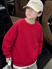 SHEIN Little Byeori 1件兒童青少年男孩休閒學院風舒適時尚簡約寬鬆實用百搭後背字母圖案衛衣，適合日常穿著、上學、旅行、運動，秋冬款 - 紅色 - 查看 5