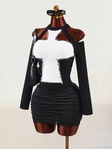 Mistrie Women's Cross Pattern Cold Shoulder Long Sleeve Fashion Slim Fit Sweater - Black and White - View 1