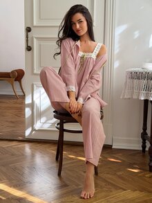 DAZY Women's Colorblock Pleated Top, Cardigan And Long Pants Casual Daily Home Sleepwear Set - Pink - View 9