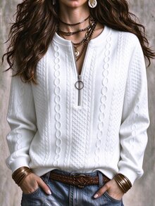 EMERY ROSE ملابس علوية نسائية مقاس كبير بيضاء كاجوال بنسيج محبوك بنمط كابلات مع سحاب نصف، ياقة دائرية وأكمام طويلة، بأسلوب بسيط للخريف/الشتاء والعطلات - أبيض - مشاهدة 1