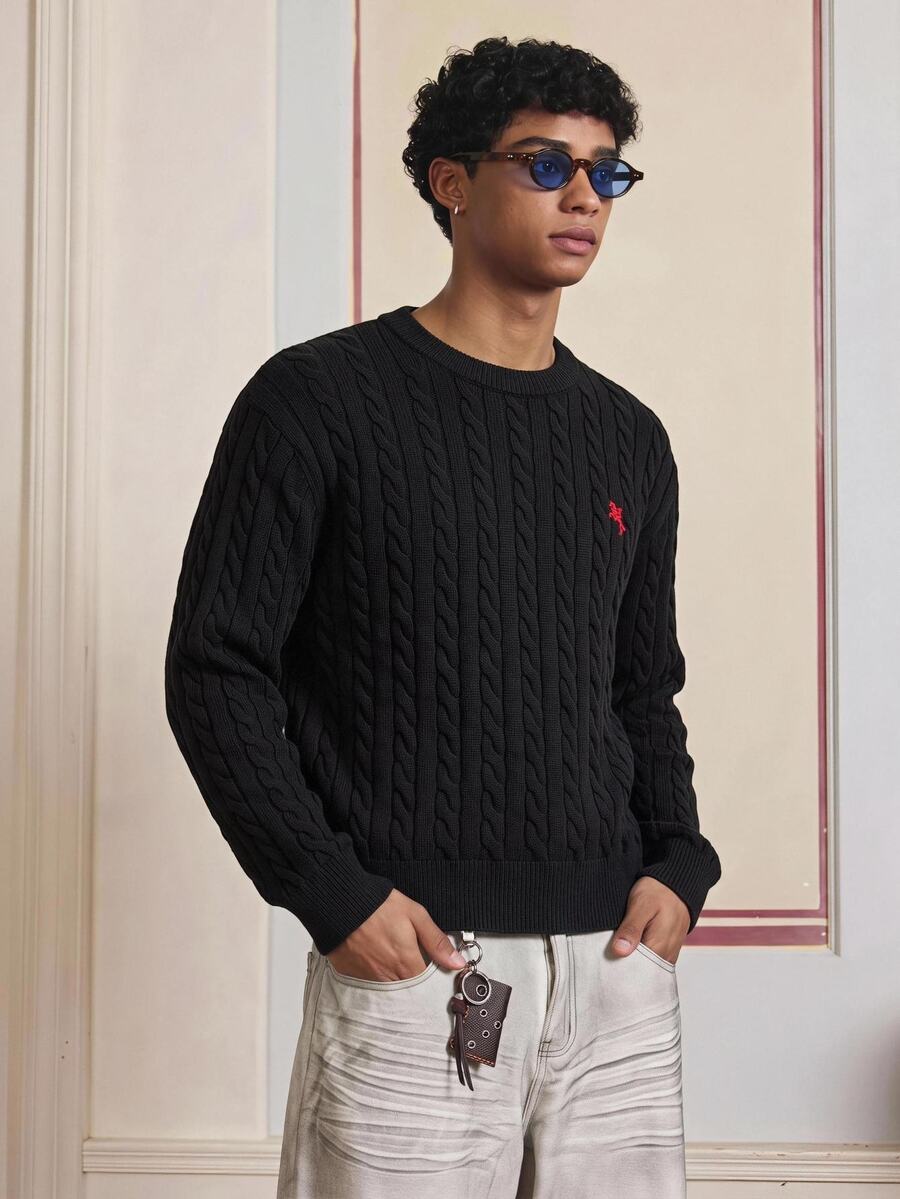 SWAVVY Men's Minimalist Rope Twist Pullover Sweater - Black - View 1