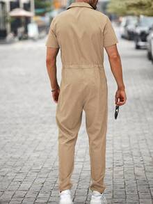 Manfinity CasualCool Men Flap Pocket Drawstring Waist Shirt Jumpsuit - Khaki - View 2