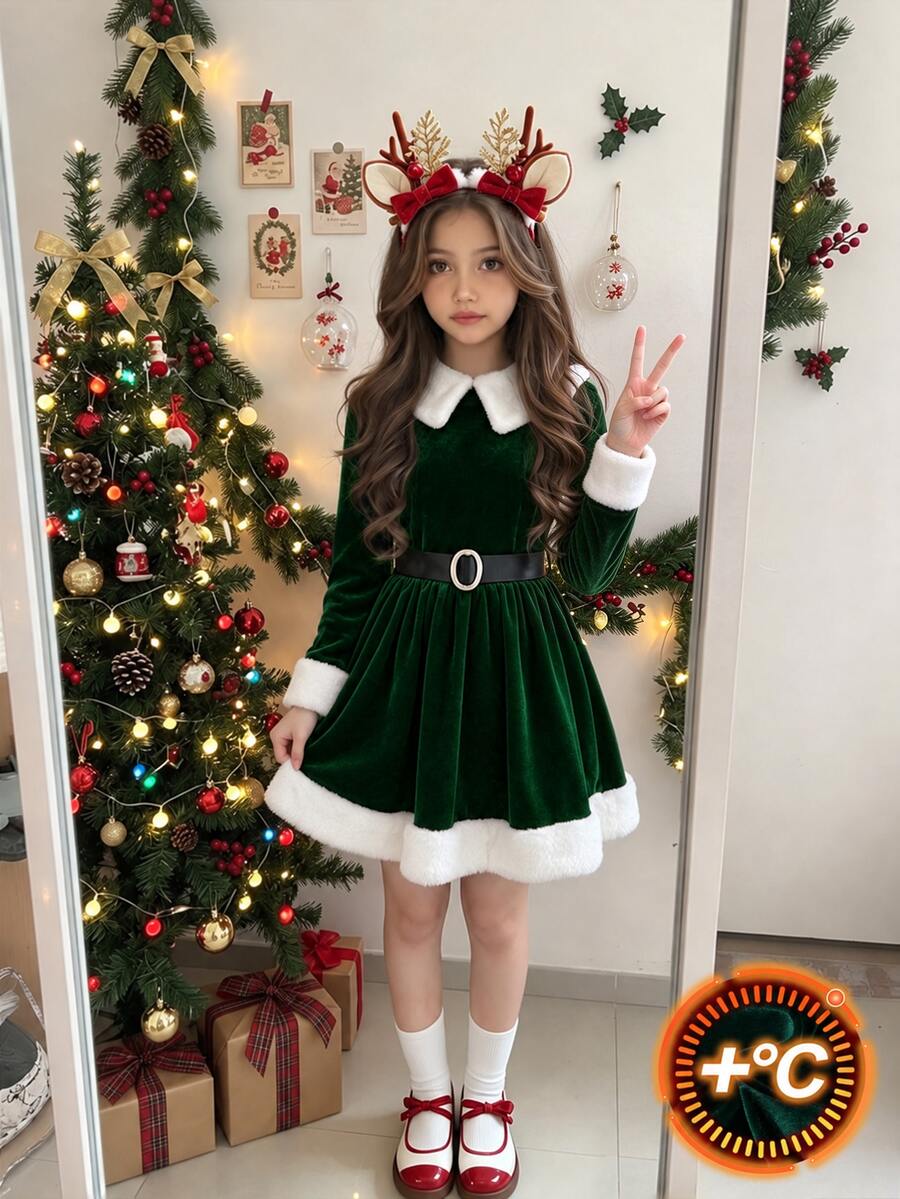 SHEIN 女童白色人造毛皮與綠色毛絨 A 字裙聖誕洋裝，翻領設計，優雅時尚舒適簡約，適合日常穿著與外出，春秋冬季適用 - 綠色 - 查看 1