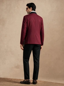 Core Aspect Men's Contrast Color Button Lapel Jacket And Pants Suit Set - Burgundy - View 2