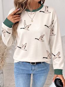 SHEIN LUNE 女款鳥圖案休閒日常穿著長袖運動衫 - 白色 - 查看 6