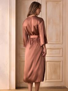 Charlaine Elegant French Lace, Faux Silk Bedroom Party Women's Robe - Coffee Brown - View 2