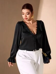 Cravure V-Neck Satin Applique Lace Trim Plus Size Blouse - Multicolor - View 7