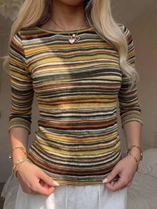 CovetEZ Women's Striped Colorblock Casual T-Shirt For Daily Wear - Multicolor - View 2