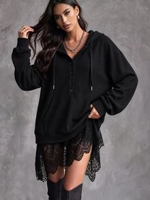 Wandoria Casual Hooded Drawstring Half-Button Waffle Knit Sweatshirt With Asymmetrical Lace Hem Loose Pullover Top - Black - View 5