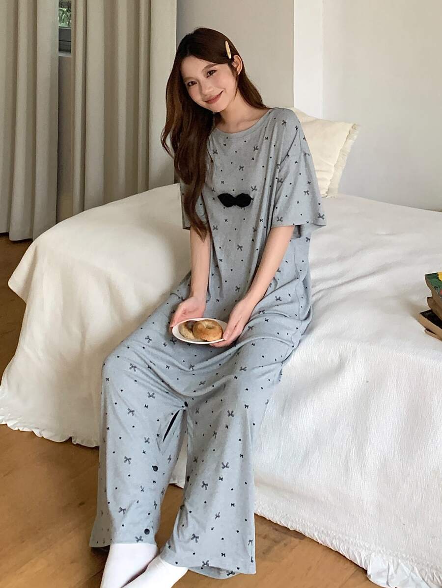DAZY Cute Bow Loose Short Sleeve Long Jumpsuit Women's Loungewear - Grey - View 1