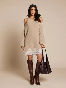 SHEIN Glamour Women's Autumn/Winter Sweater Dress, Loose Fit Dropped Shoulder Asymmetric Collar, Contrast Lace - Khaki - View 3