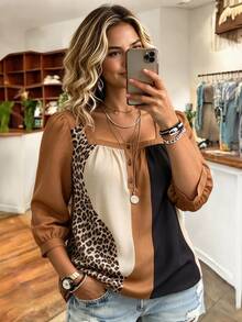Weeklong Plus Size Leopard Print Color Block Shirt For Vacation - Multicolor - View 1