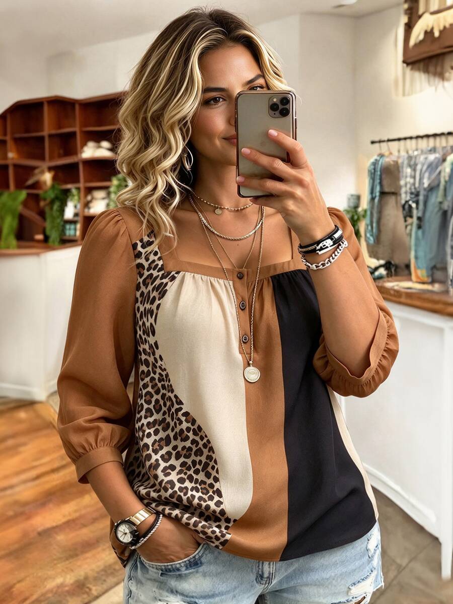 Weeklong Plus Size Leopard Print Color Block Shirt For Vacation - Multicolor - View 1