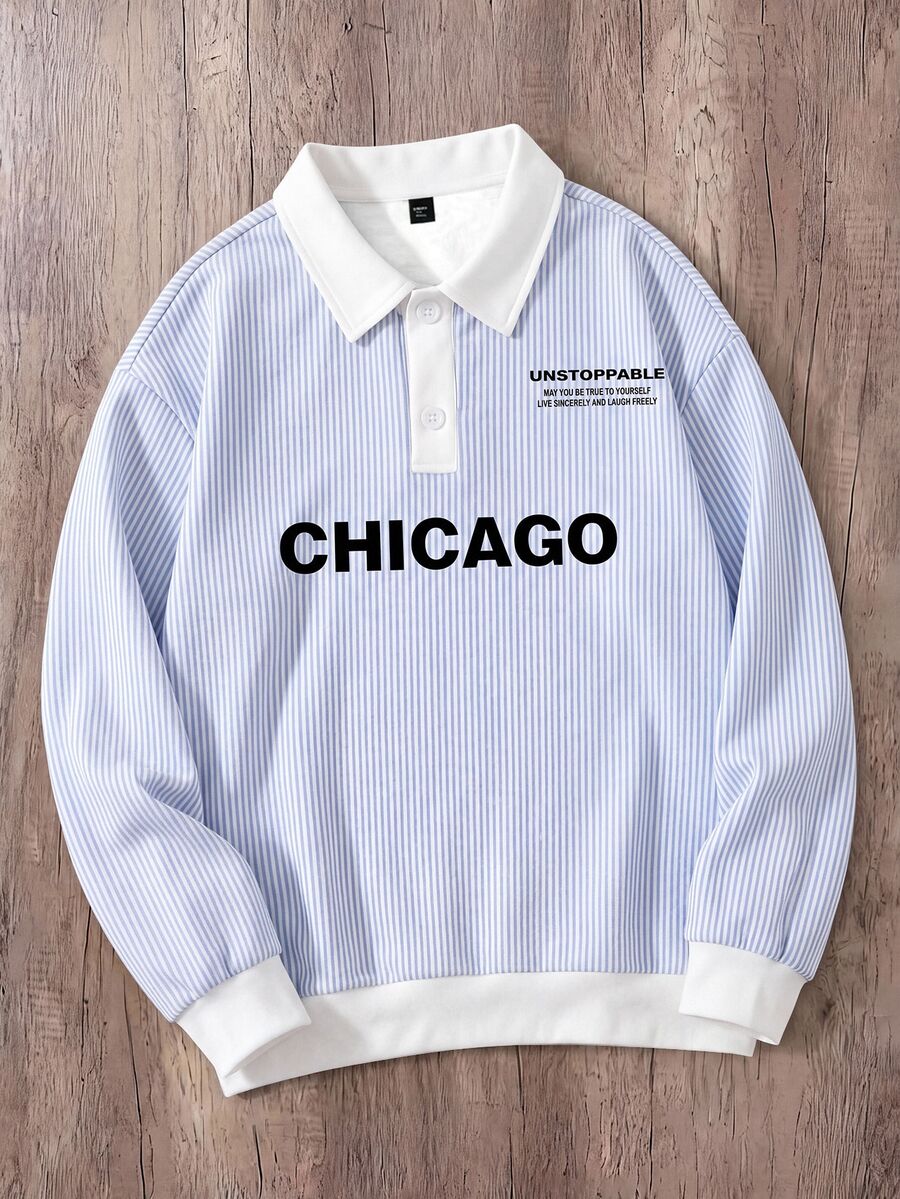 Daypath Men's Casual College Striped Letter Polo Collar Sweatshirt, Suitable For School And Outings - Blue - View 1