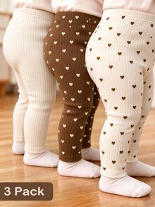 SHEIN 3件組幼兒女嬰羅紋緊身褲可愛甜美棕色奶油色愛心滿版印花常規款派對秋季情人節運動高腰修身 - 彩色 - 查看 1
