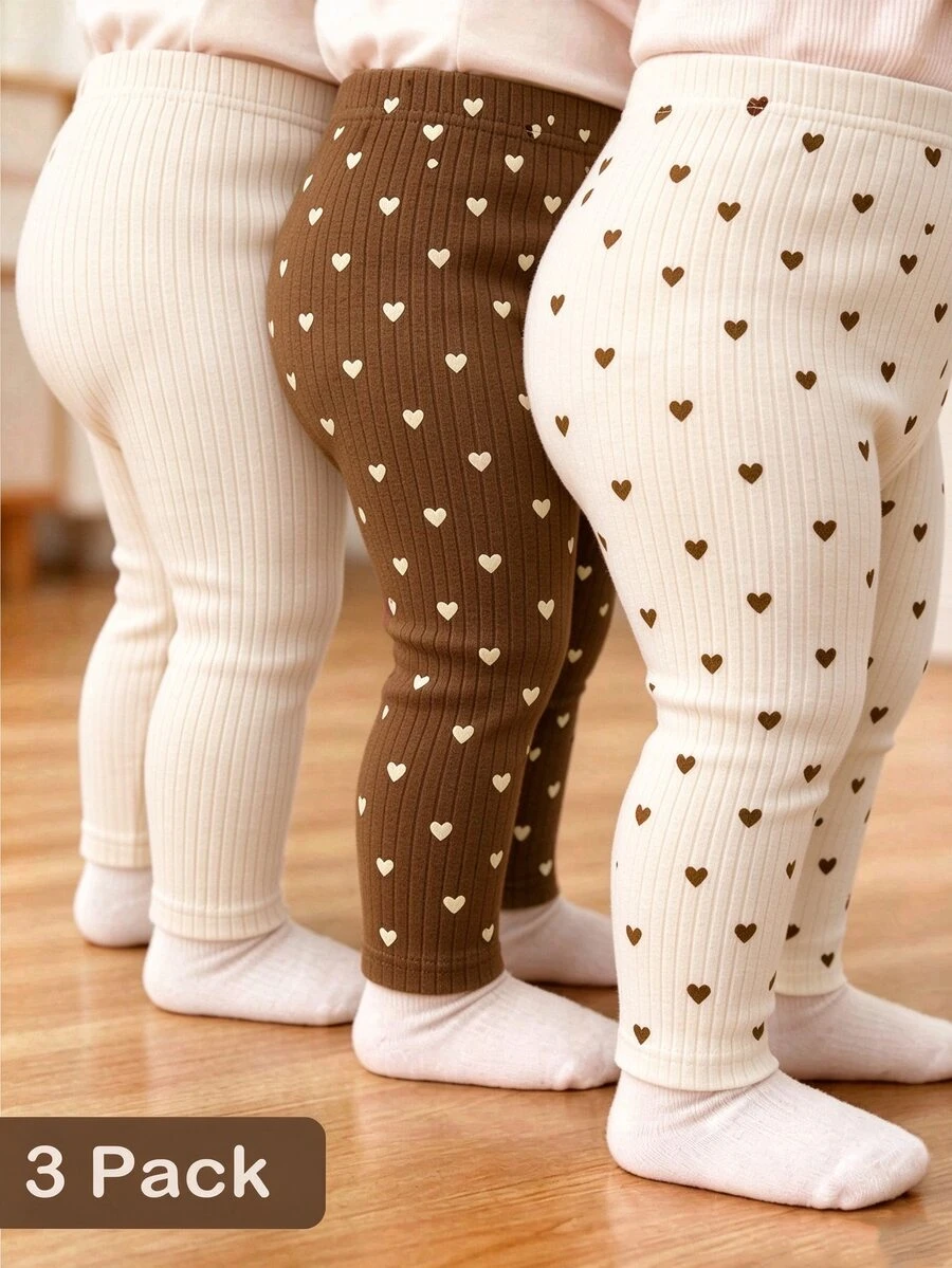 SHEIN 3件組幼兒女嬰羅紋緊身褲可愛甜美棕色奶油色愛心滿版印花常規款派對秋季情人節運動高腰修身 - 彩色 - 查看 1