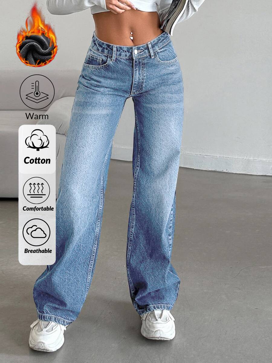SHEIN Women Casual Medium Washed Wide Leg Casual Plus Size Jeans - Medium Wash - View 1