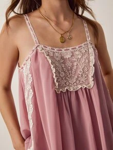 Willow Rêve Women's Contrast Lace Loose Chiffon Camisole Top - Orange - View 5