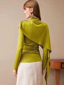 Arave Women's Blouse Slim Ruched Fit Stretch Drape Knit Asymmetric Overlay Wrap Neck Metal Buckle Modern Olive Green Solid Long Sleeve Tops For Women Christ - Mustard Yellow - View 3