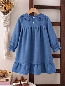Young Girl 4-8Y Preppy Eyelet Embroidery Peter Pan Collar Long Sleeve Ruffle A-Line Dress School Party Matching Photoshoot Fall Winter Outfits - Blue - View 2