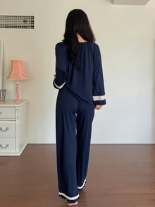 DAZY 2pcs/Set Women's Lace Patchwork Loose Long Sleeve Top & Straight Leg Long Pajama Pants Sleepwear Set - Navy Blue - View 2