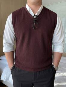 DAZY Autumn/Winter Burgundy V-Neck Knit Fabric Comfortable Korean Style Men's Plus Size Knit Vest - Burgundy - View 5
