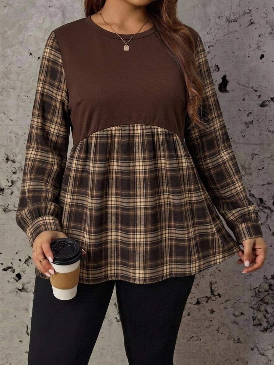 Comfylo 大尺碼女款格紋拼接休閒日常穿著襯衫 - 彩色 - 查看 1