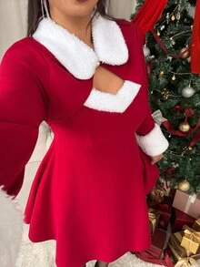 GalTyme Plus Size Women's Colorblock Casual Red Christmas Dress Christmas Party Winter/Fall - Red - View 8