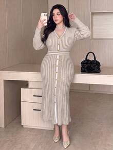 Feyla Plus Size Women's Striped V-Neck Casual Daily Summer Knit Dress - Multicolor - View 7