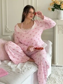 Slumberry CURVE Sweet & Cute Pajama Set, Cute Girl Bow Print Pajama Set, Romantic & Elegant Plus Size Pajama Set - Multicolor - View 6